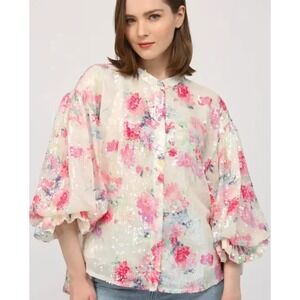 Fate Kate Blouse Women Sz M Ivory Pink Floral Sequin Button Front Balloon Sleeve